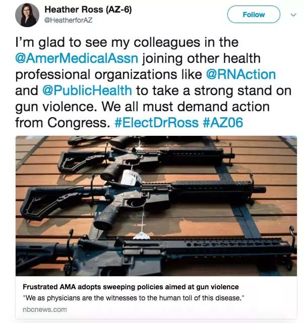 Heather Ross on Twitter praising the AMA for adopting gun violence policies. 