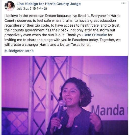 Lina Hidalgo Facebook post on her official campaign for Harris County judge page