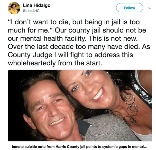 Lina Hidalgo facebook post about harris county prisoner suicide rates.