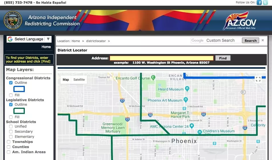 Arizona Independent Redistricting Commission screenshot for finding polling locations
