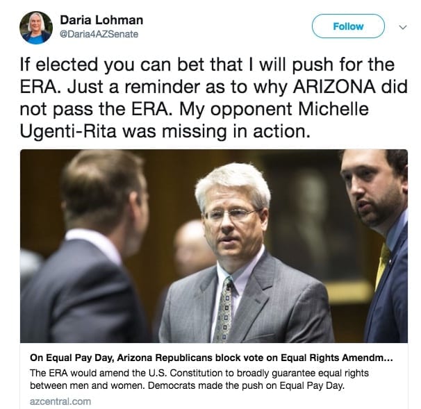 Dariah Lohman Twitter post about Arizona GOP's refusal to pass the Equal Rights Amendment.