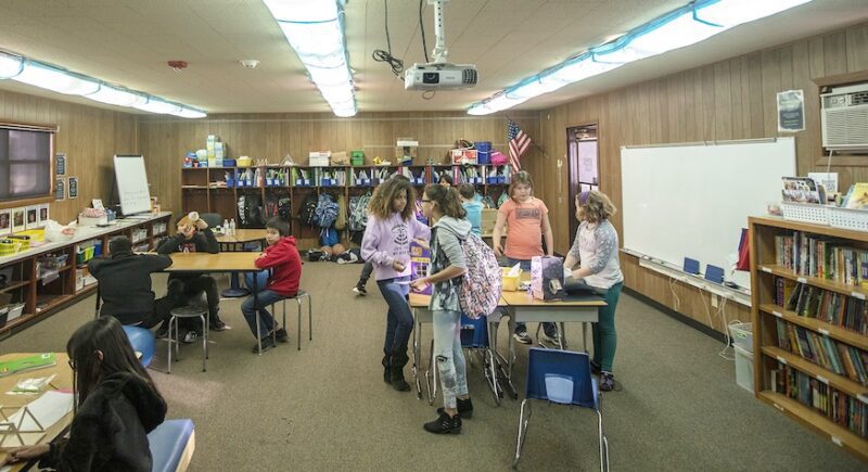 Students in a classroom portable in SD