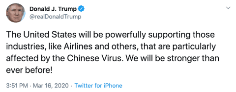 Trump tweet: support during "Chinese Virus."
