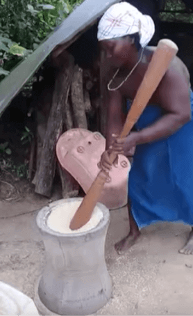 French Guiana woman dehusks rice.