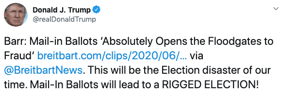 Bill Barr tweet says mail in voting causes fraud.