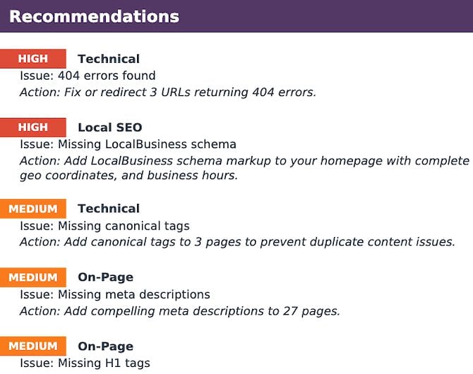 Results from the DIY Technical SEO Audit tool