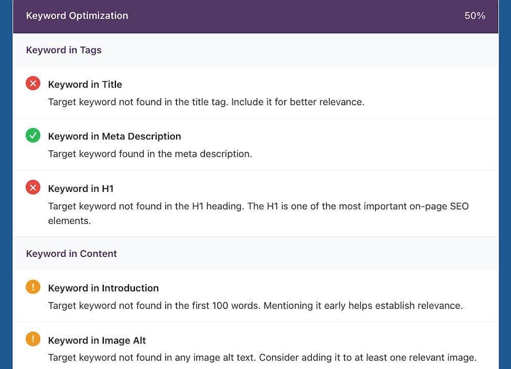 Optimization results from the On-Page Checker tool