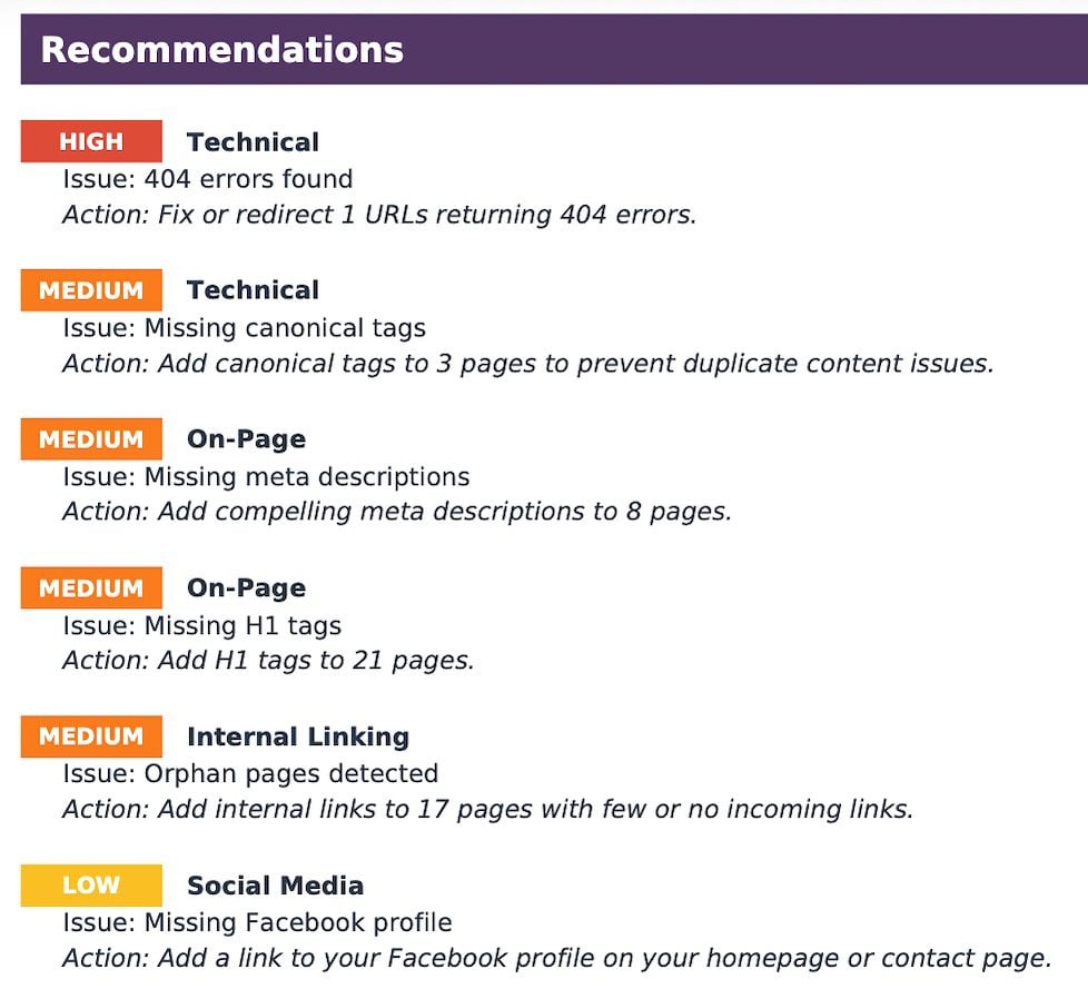 Example results from the Technical SEO Audit tool
